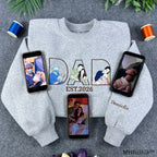 Custom dad photo outline embroidered sweatshirt in grey featuring personalized Father's Day design and phones displaying reference family photos.