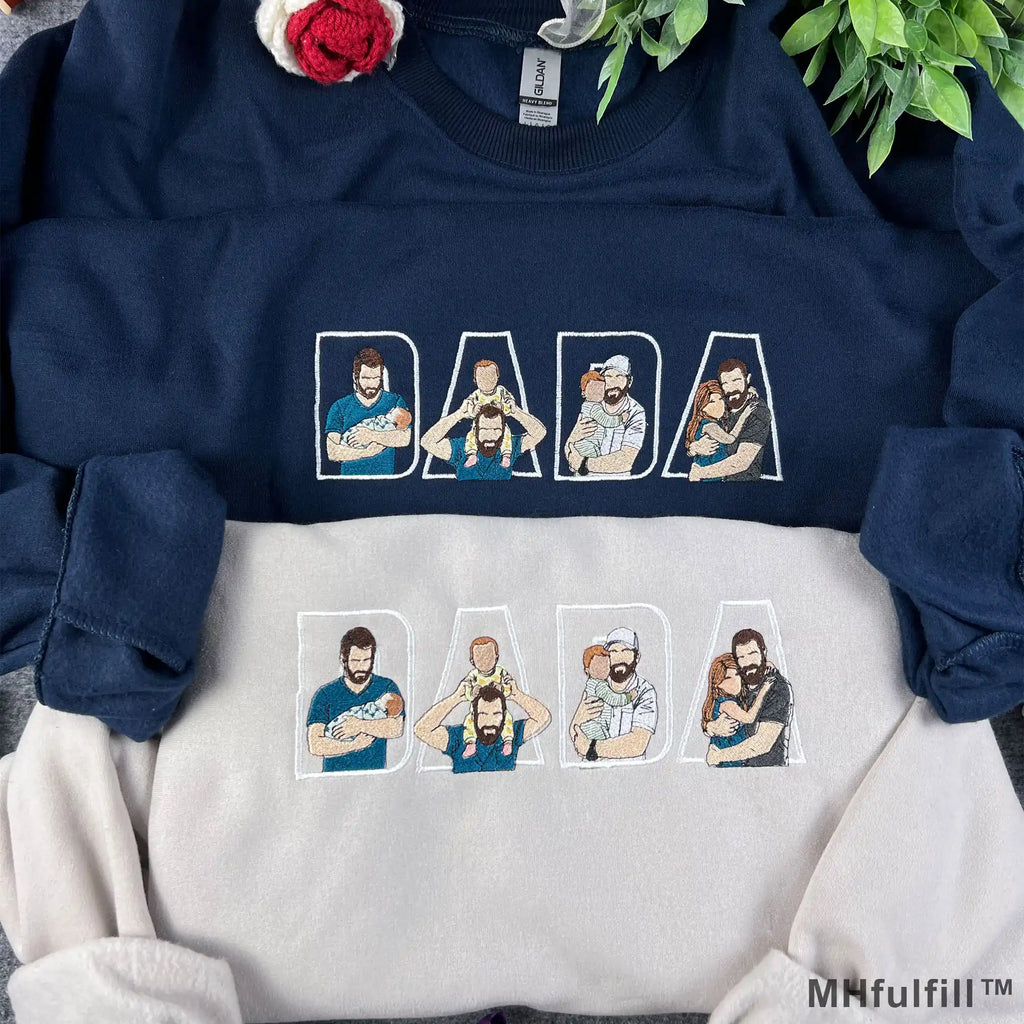 Custom Dada embroidered sweatshirt in navy blue featuring personalized kids photos inside letters.