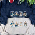Custom Dada embroidered sweatshirt in navy blue featuring personalized kids photos inside letters.