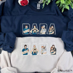 Custom Dada embroidered sweatshirt in navy blue featuring personalized kids photos inside letters.