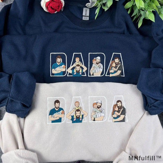 Custom Dada embroidered sweatshirt in navy blue featuring personalized kids photos inside letters.