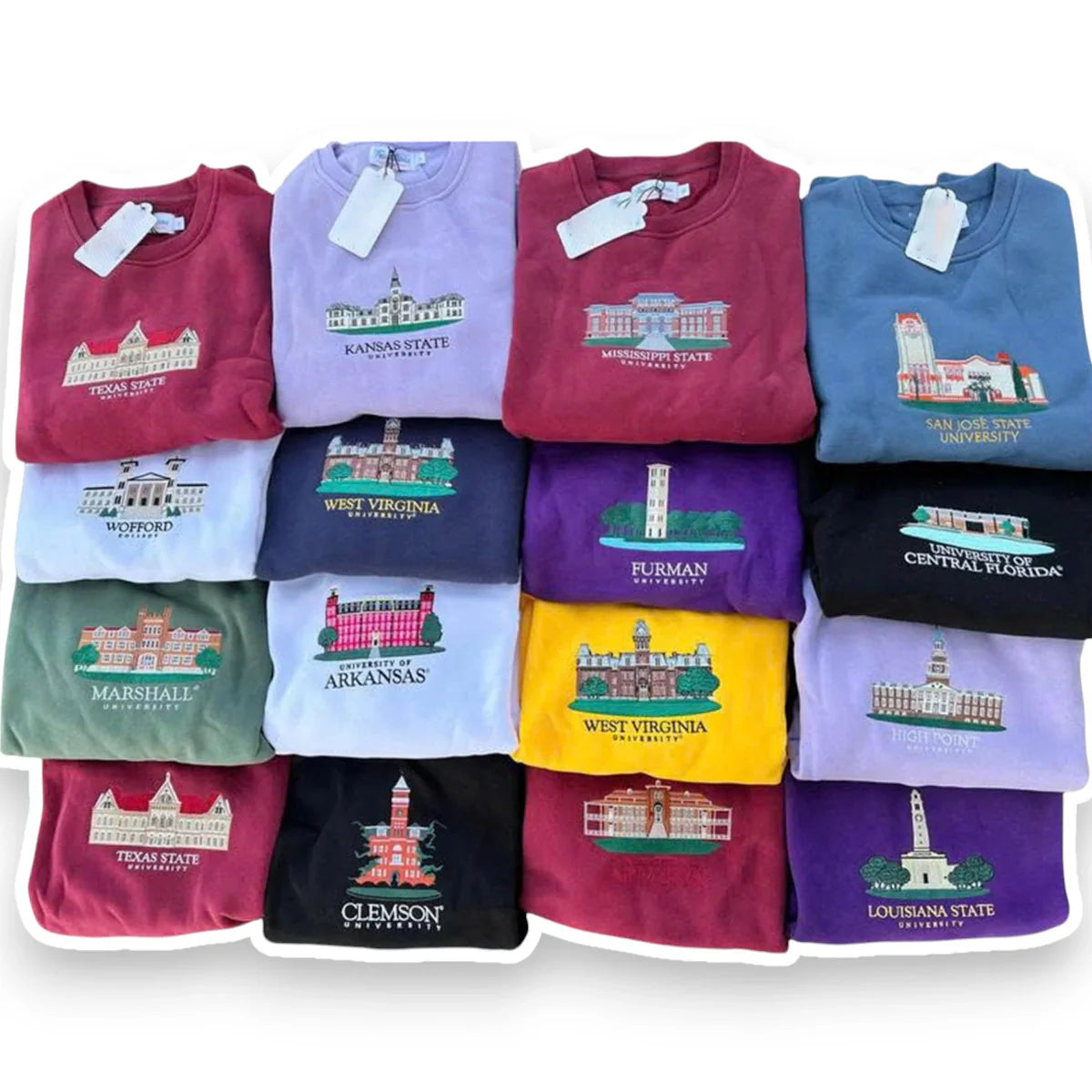 A collection of university-themed embroidered sweatshirts in various colors, each featuring a different university building logo.