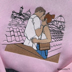 Matching custom embroidered apparel for couples featuring unique personalized photo stitch design.