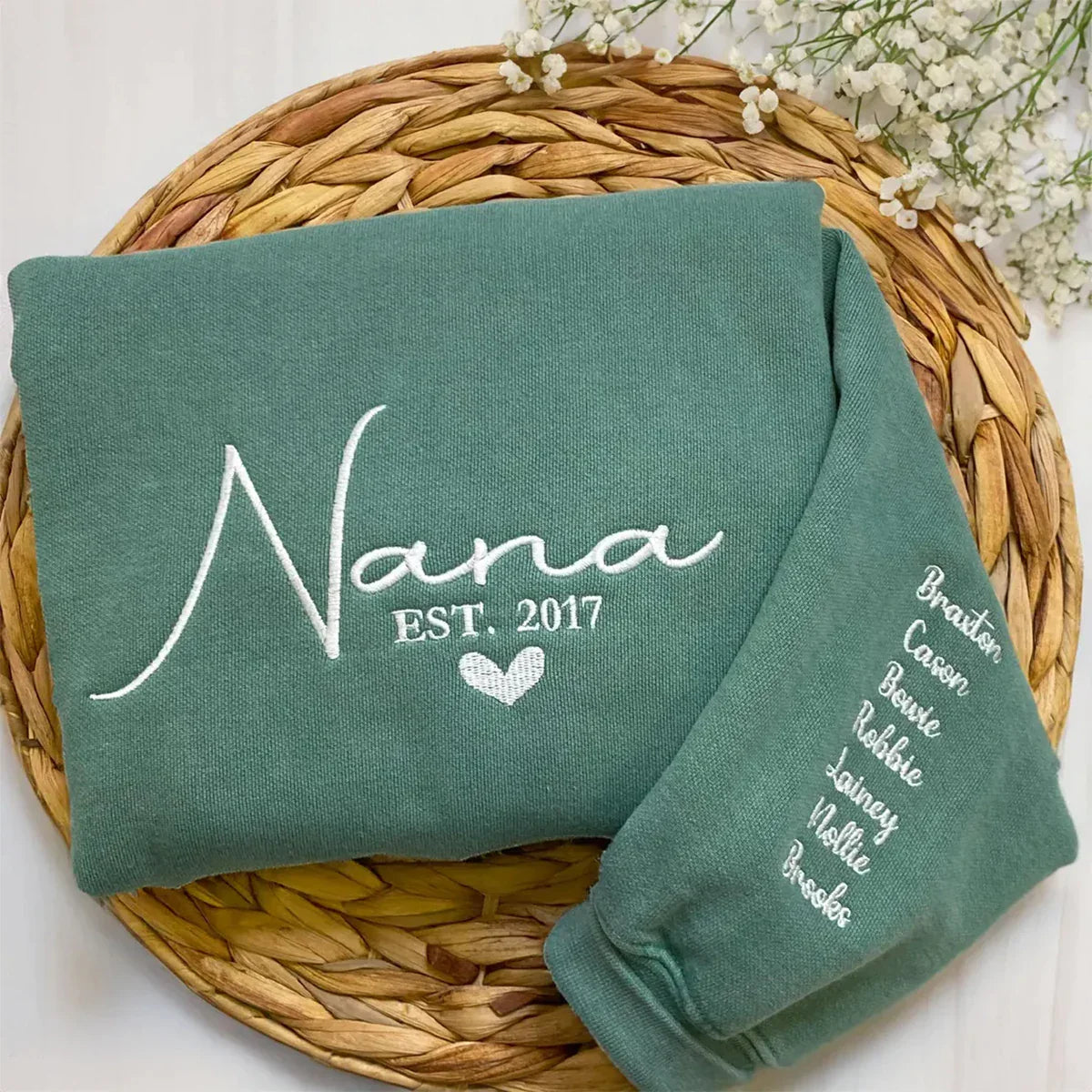 Custom embroidered Grandma Sweatshirt with grandkid names – Nana, Mimi, Gigi embroidered sweater, perfect gift for grandmothers.