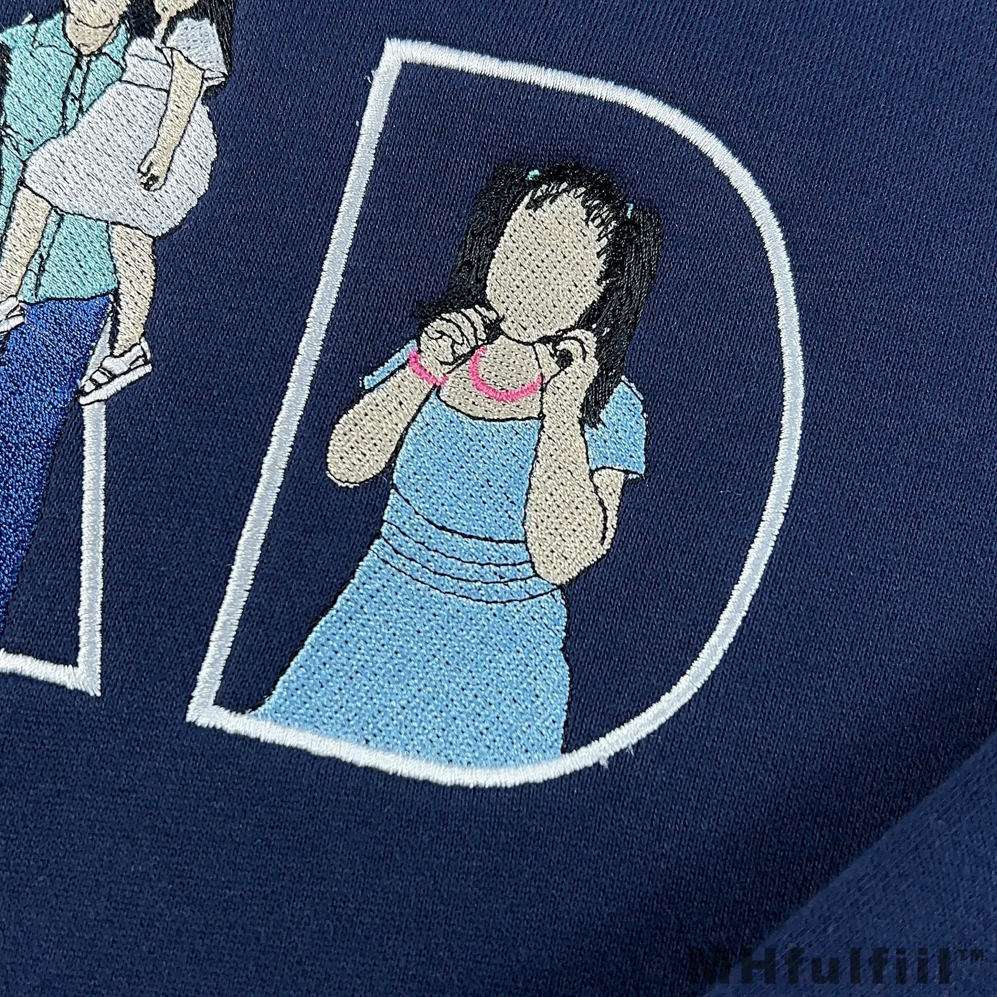 Unique custom line art embroidery gift for dad showing a mother and children embroidered inside text.