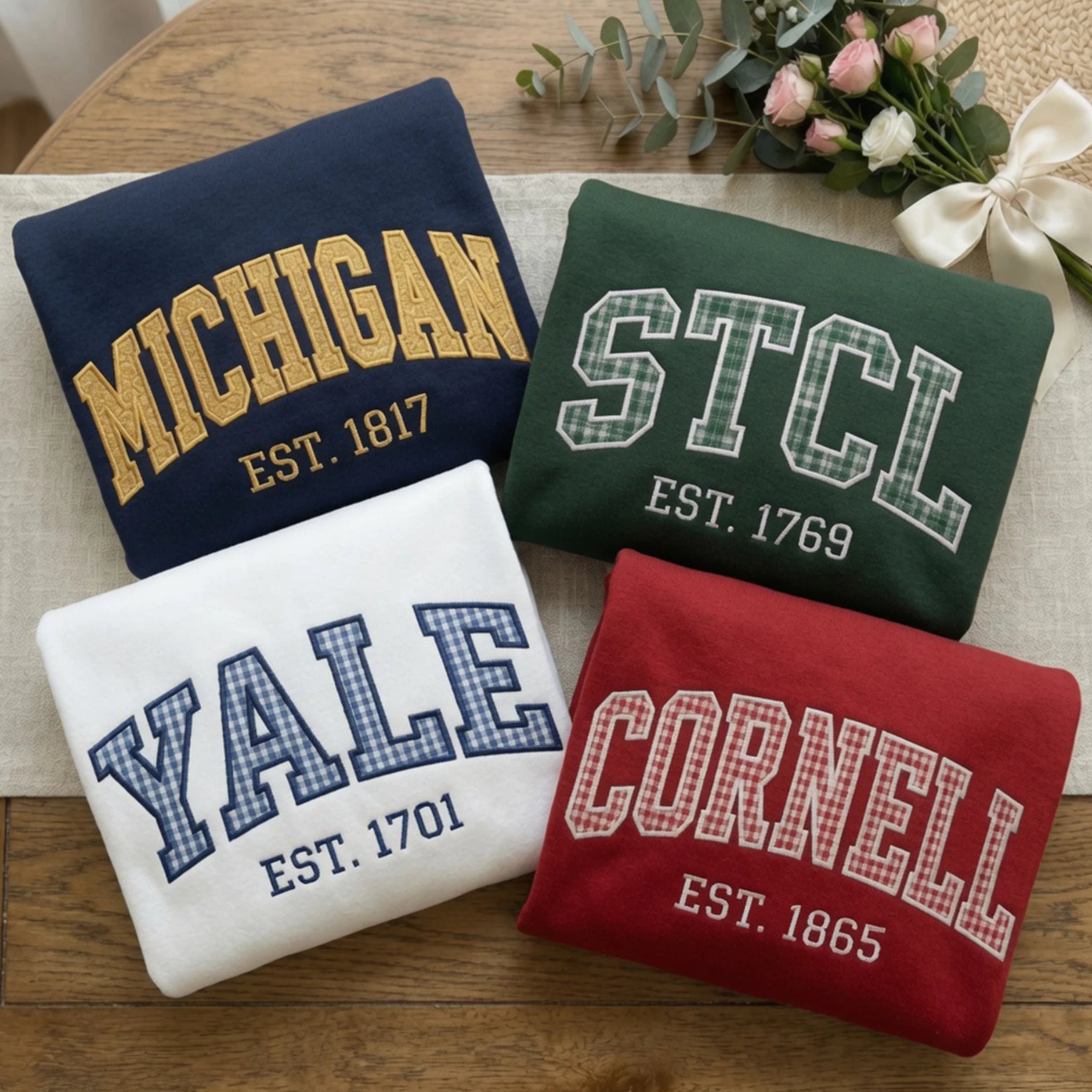 Custom varsity name gingham embroidered crewneck sweatshirt