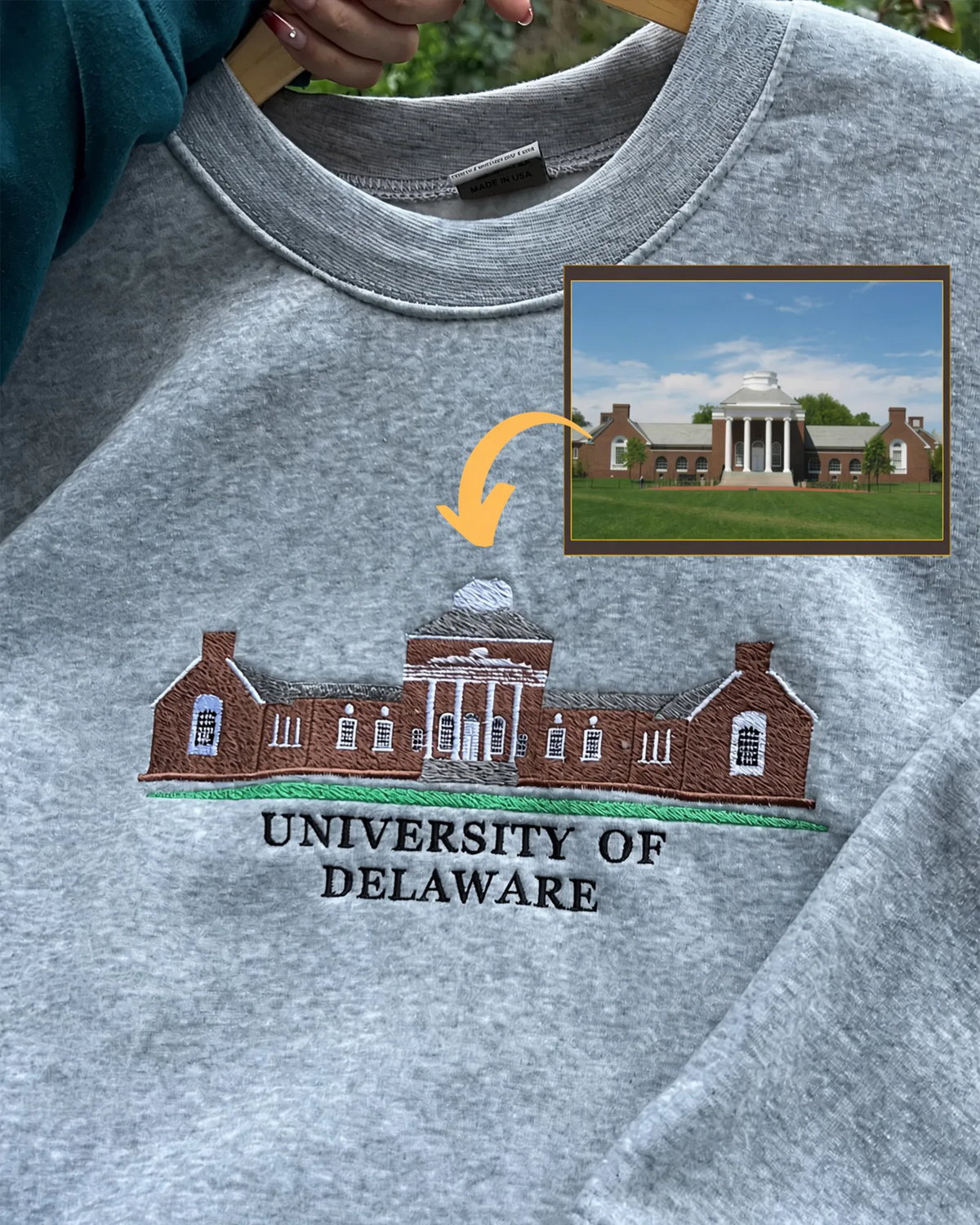 Collegiate-style sweatshirt with personalized campus building embroidery