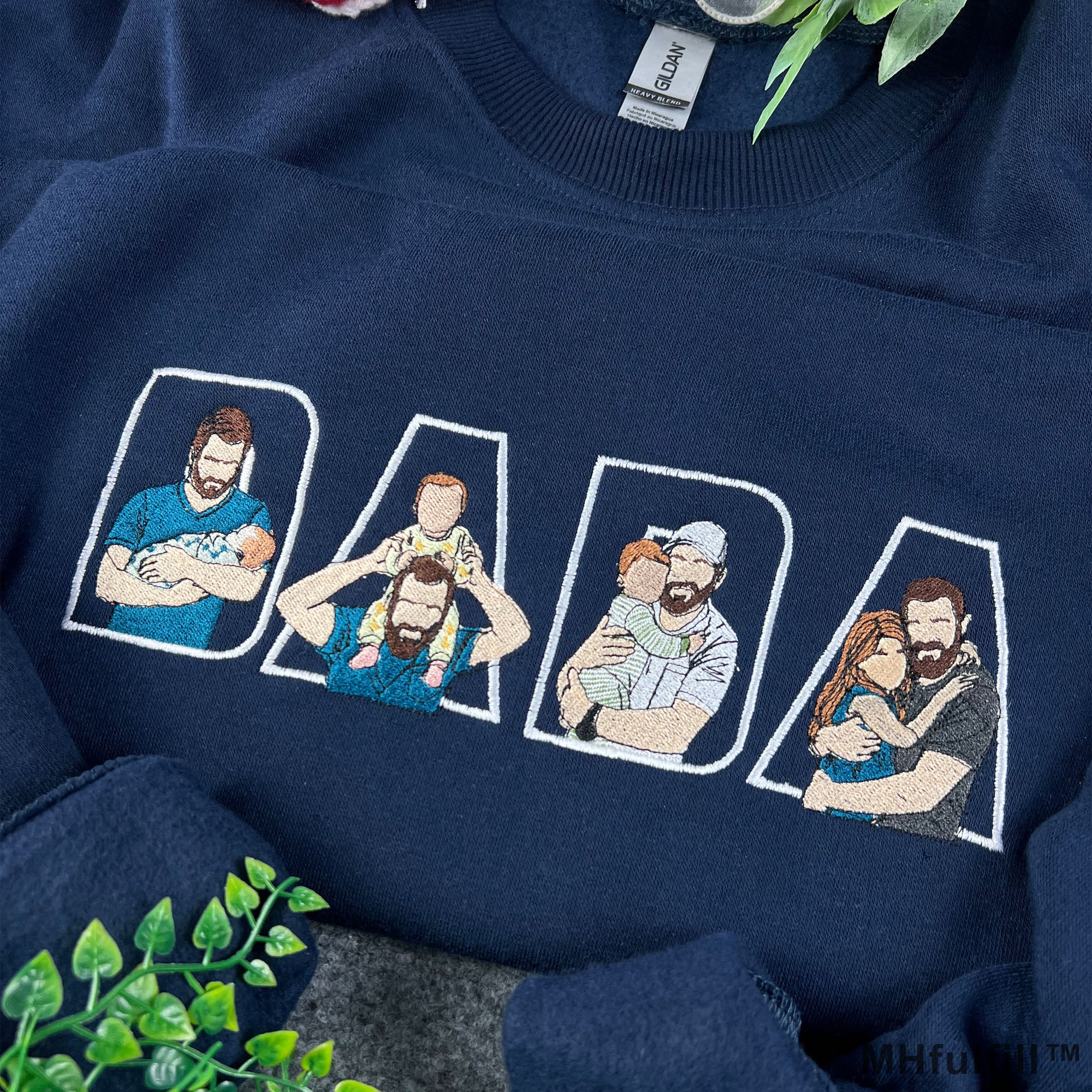 Premium Father's Day gift featuring personalized family photo outline embroidery on a crewneck.