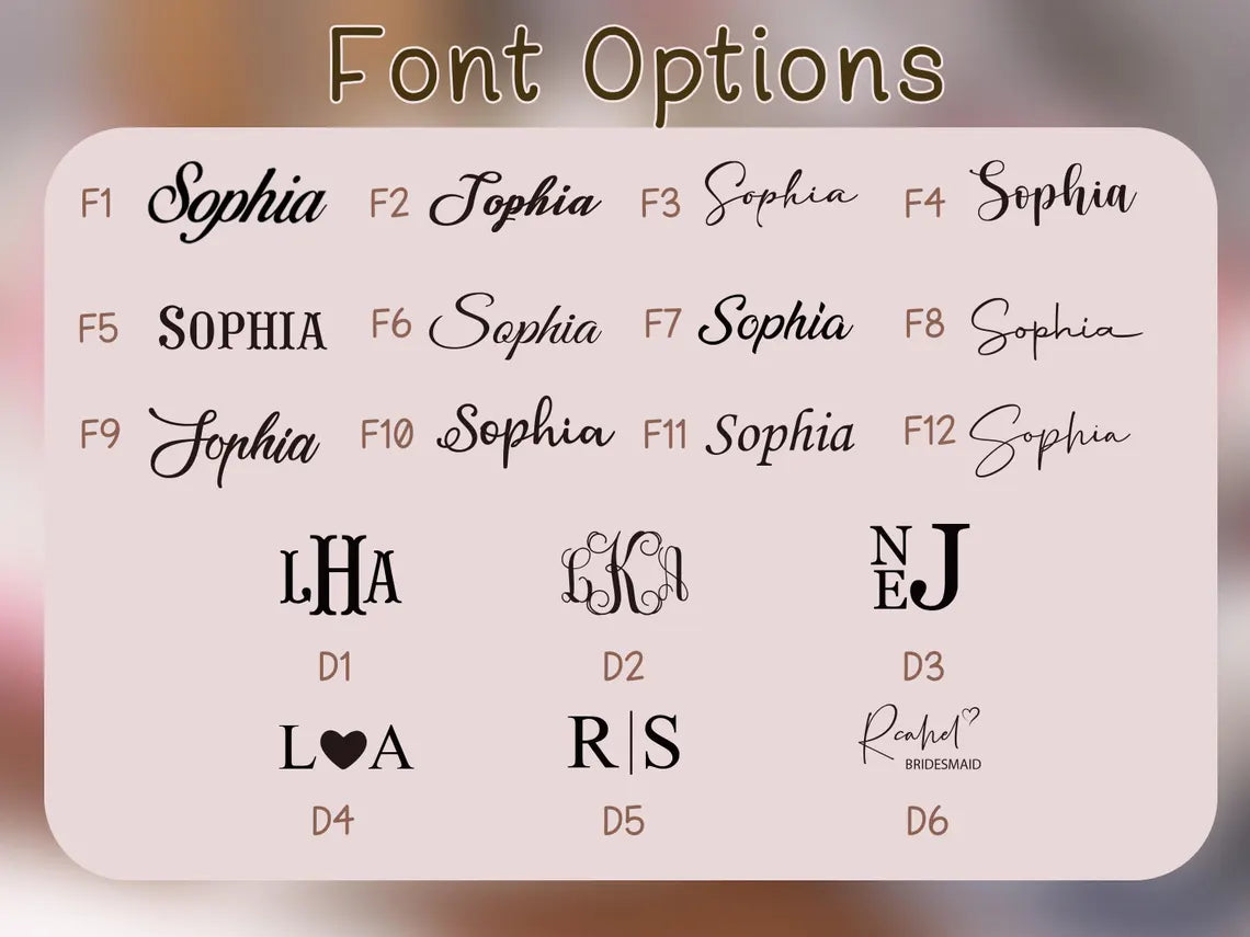 A digital graphic displaying font options for custom lettering, featuring the title 'Font Options' at the top and various serif and script style examples labeled F1 through F12 and D1 through D6 on a rounded beige card against a blurred pink background.
