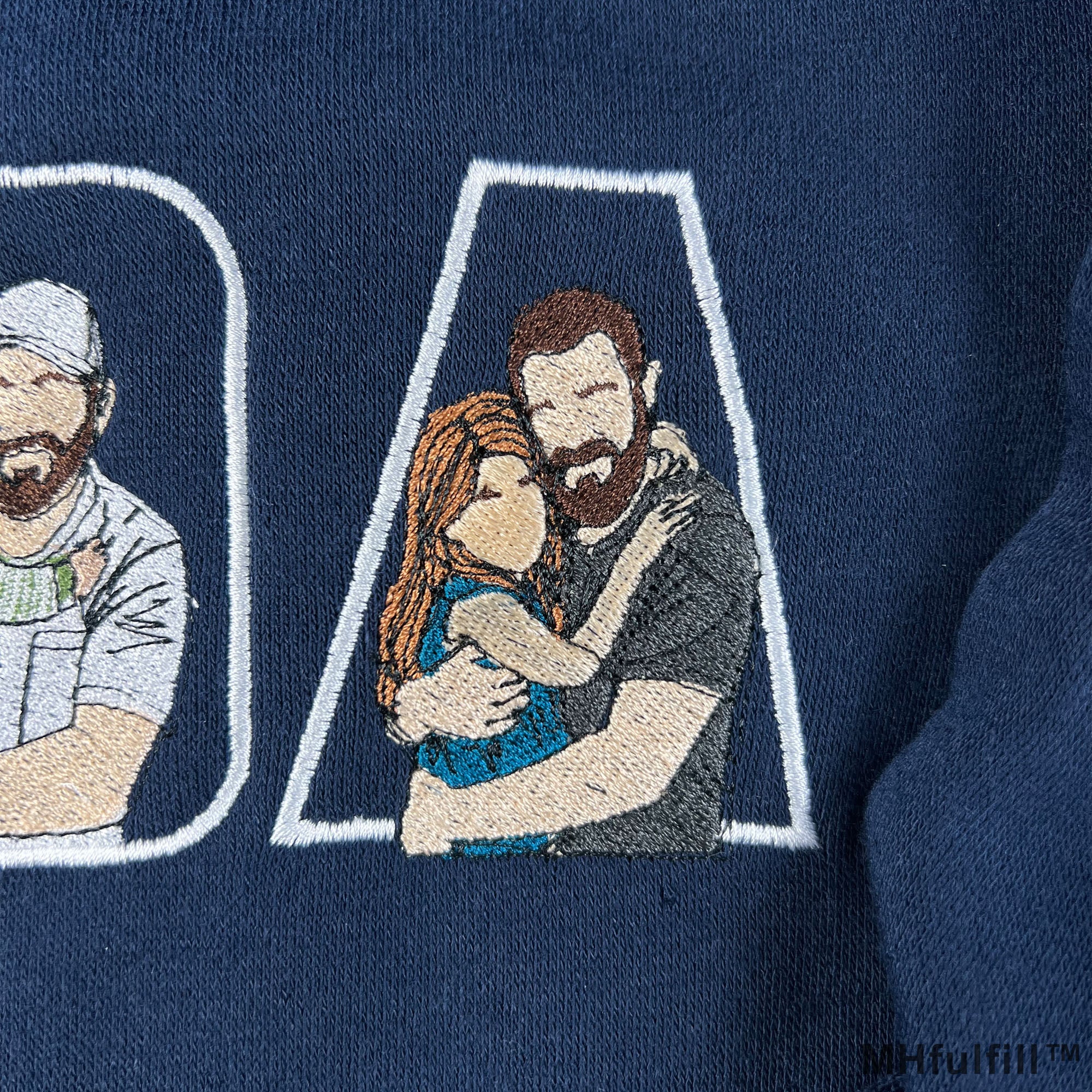 Gildan Heavy Blend navy blue sweatshirt with custom DADA multi-photo embroidery artwork.