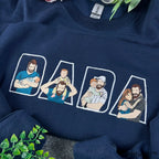 Gildan Heavy Blend navy blue sweatshirt with custom DADA multi-photo embroidery artwork.