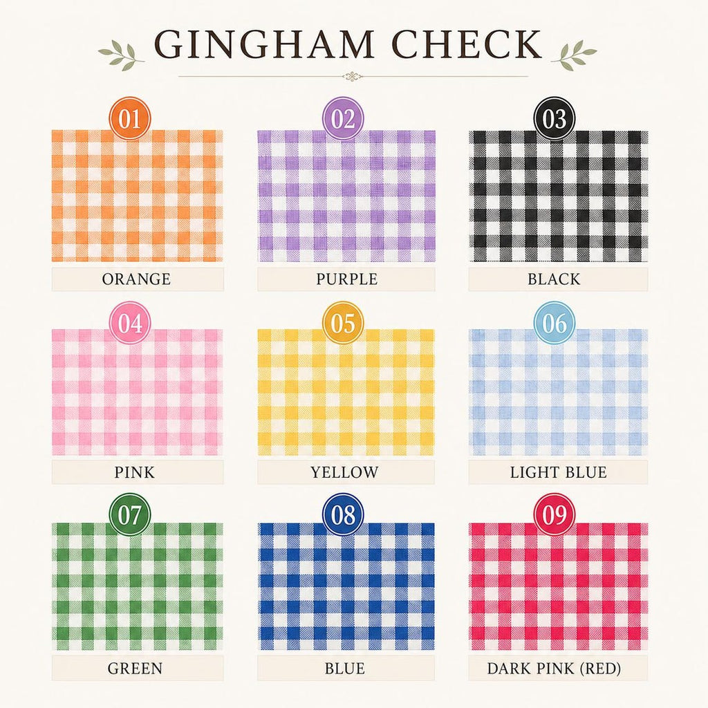 A color swatch chart titled 'GININGHAM CHECK' showing nine gingham pattern options in orange, purple, black, pink, yellow, light blue, green, blue, and dark pink, each labeled with a number and name on a cream background.