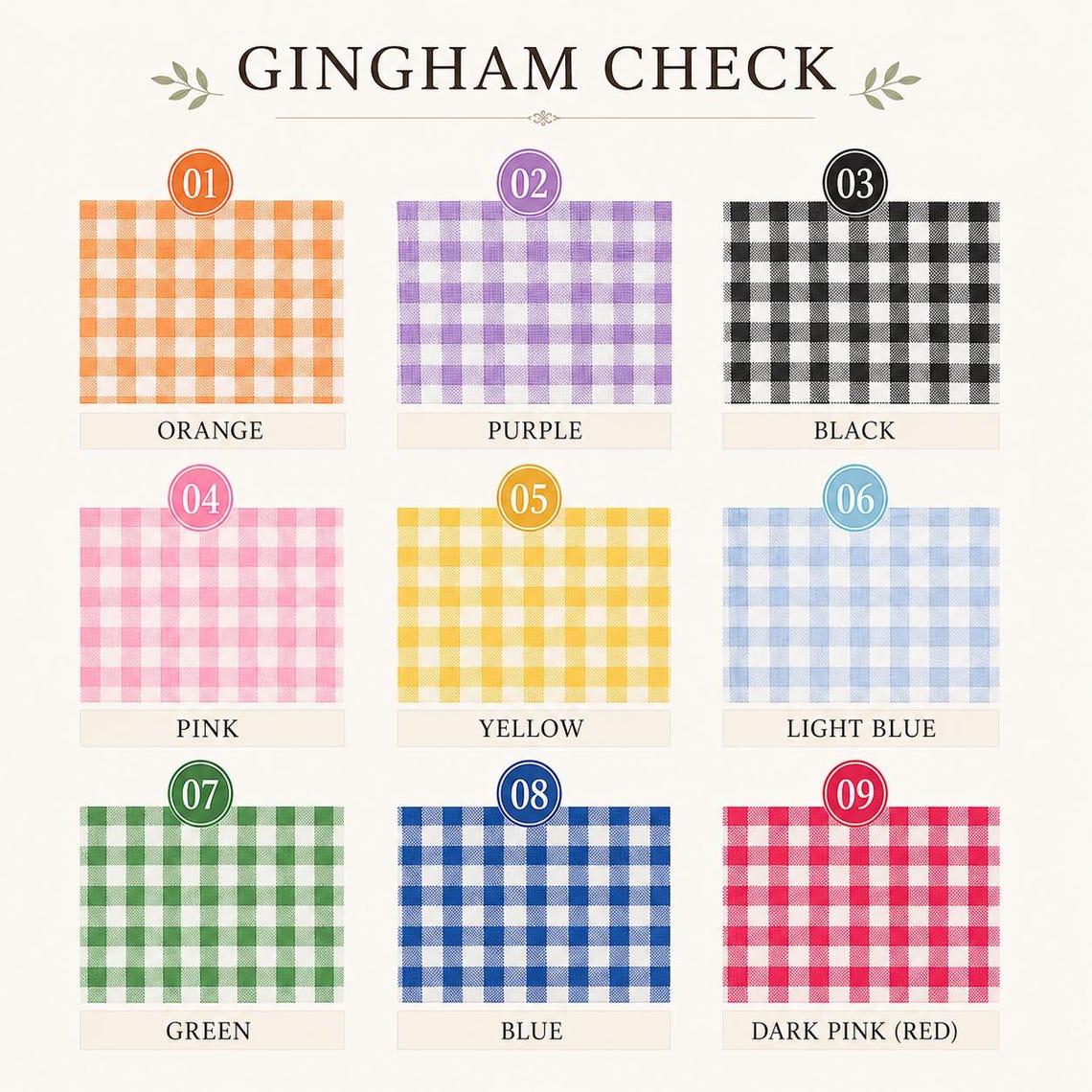 A color swatch chart titled 'GININGHAM CHECK' showing nine gingham pattern options in orange, purple, black, pink, yellow, light blue, green, blue, and dark pink, each labeled with a number and name on a cream background.