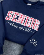 Red gingham appliqué Senior lettering with satin stitch border