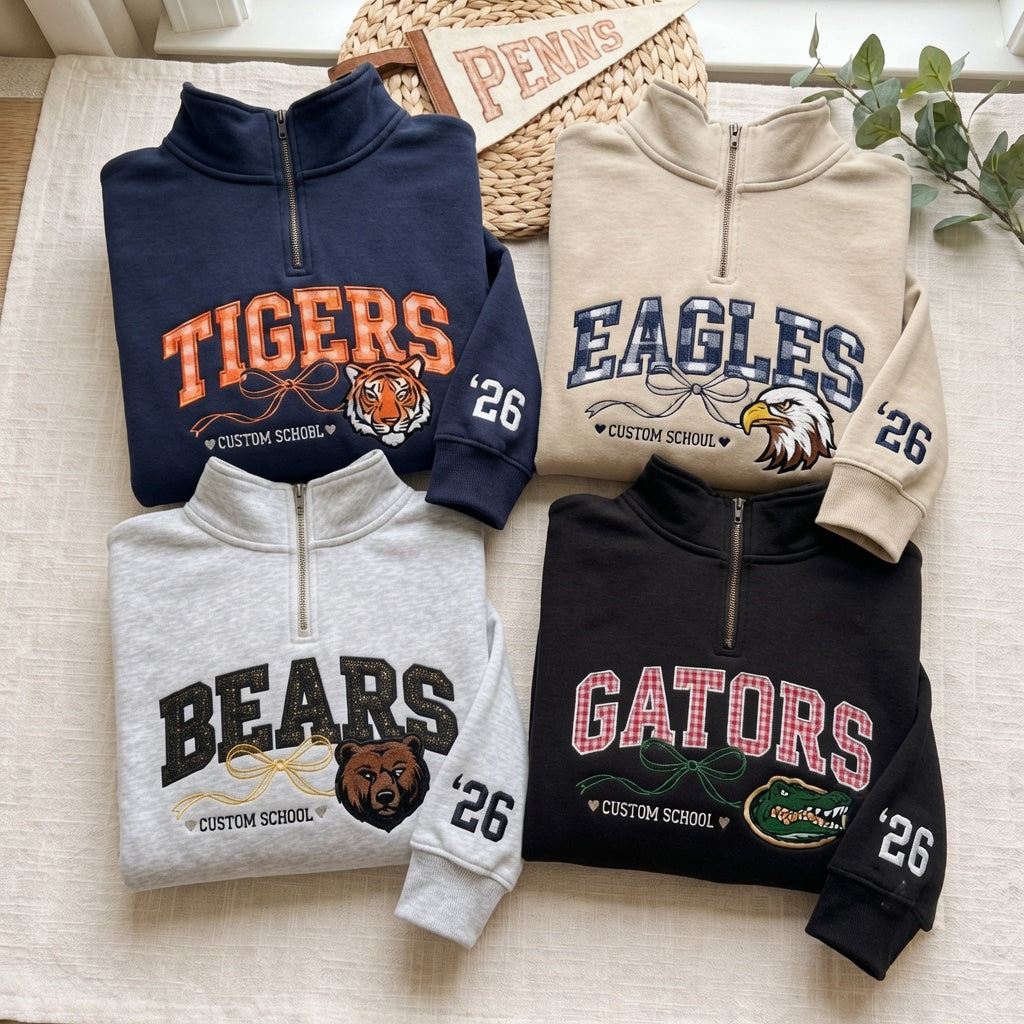 Mascot embroidery with varsity lettering