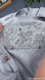 Detailed gothic Halloween embroidery featuring the Headless Horseman