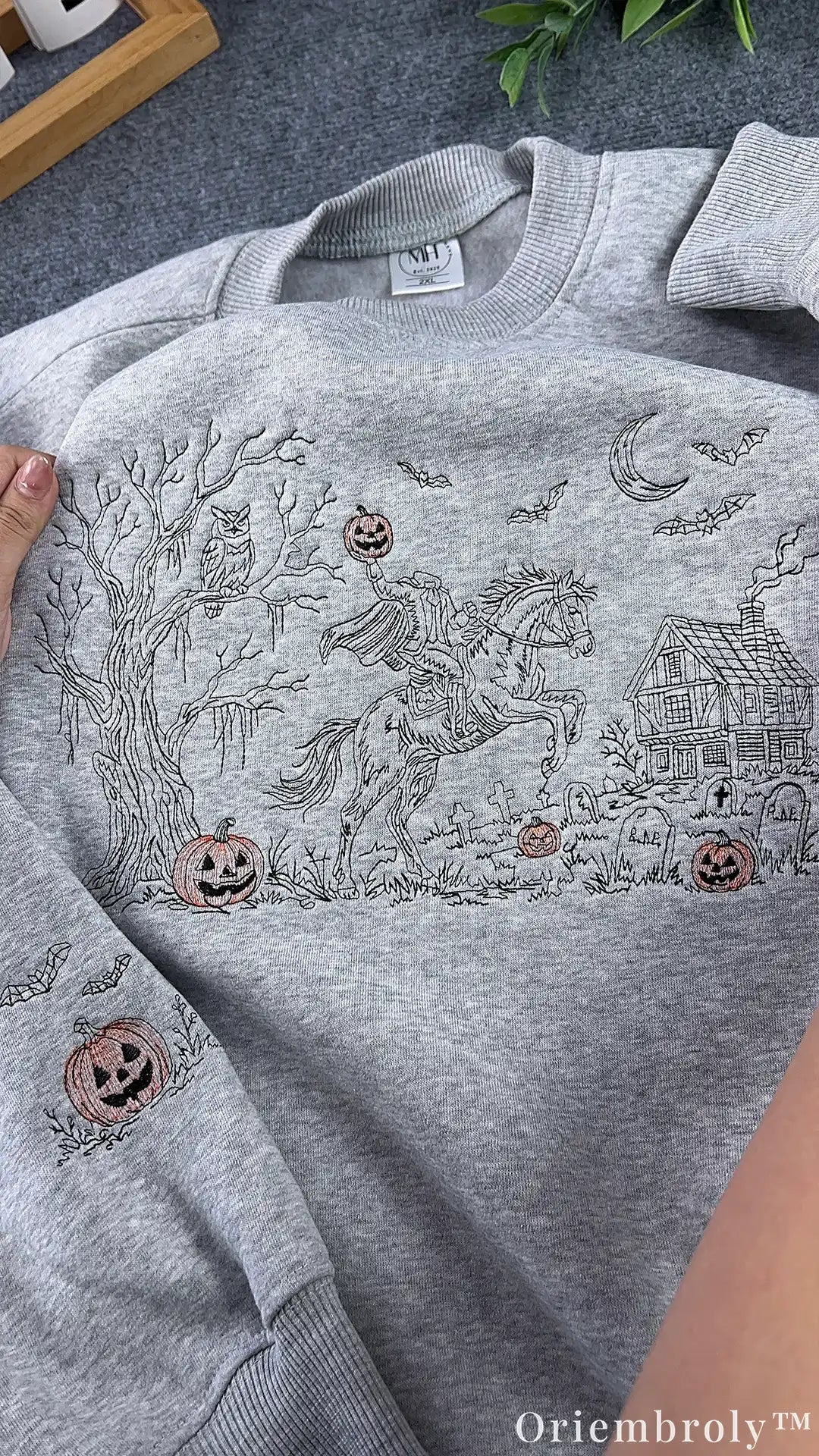 Detailed gothic Halloween embroidery featuring the Headless Horseman