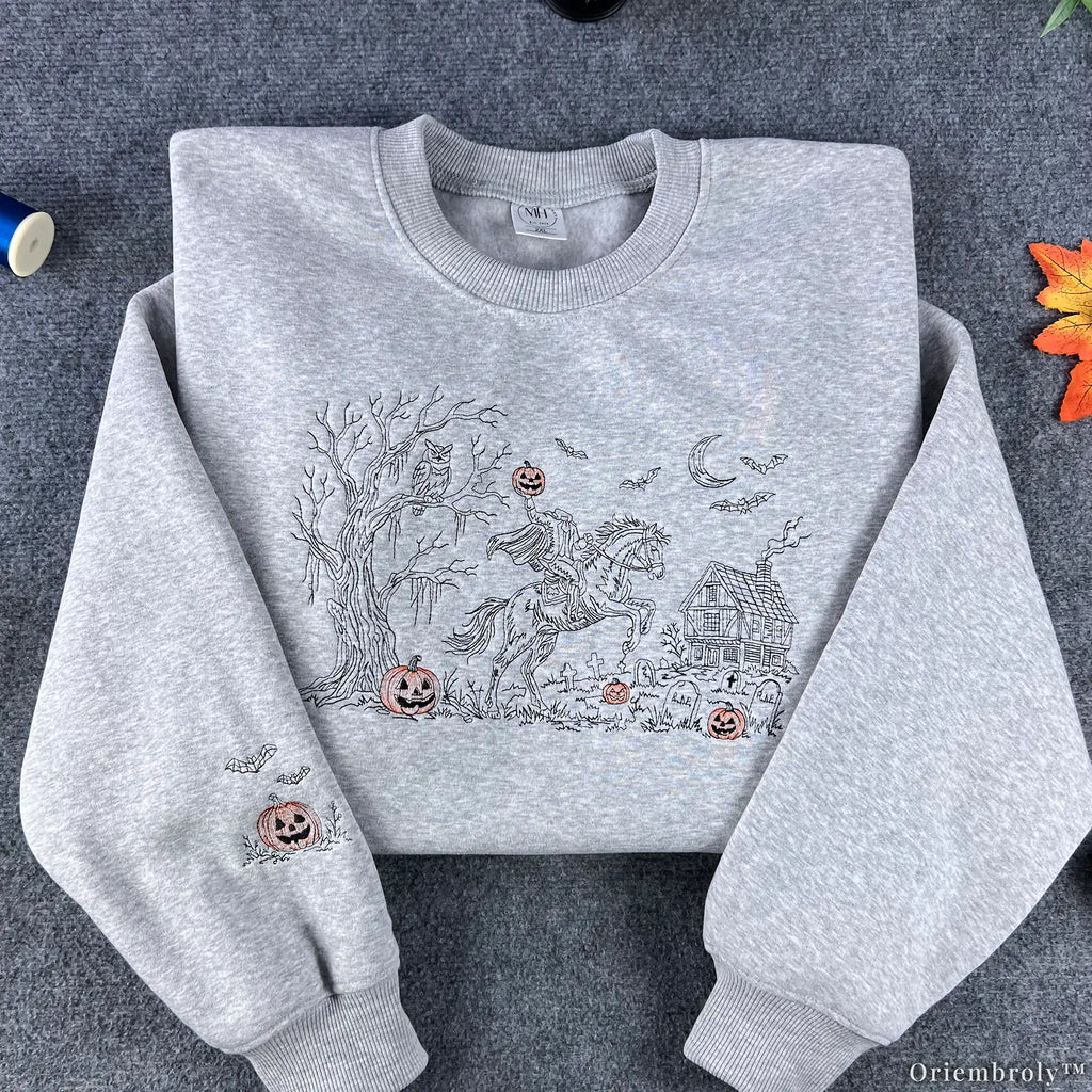 Headless Horseman embroidered sweatshirt with Sleepy Hollow scene