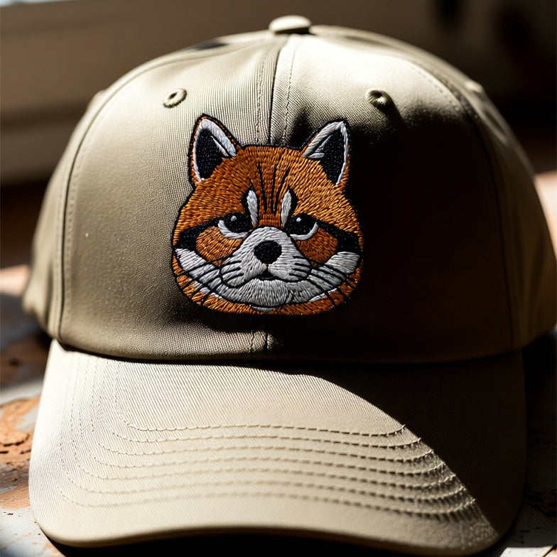 Khaki cap with a red panda embroidered face on a wooden surface.
