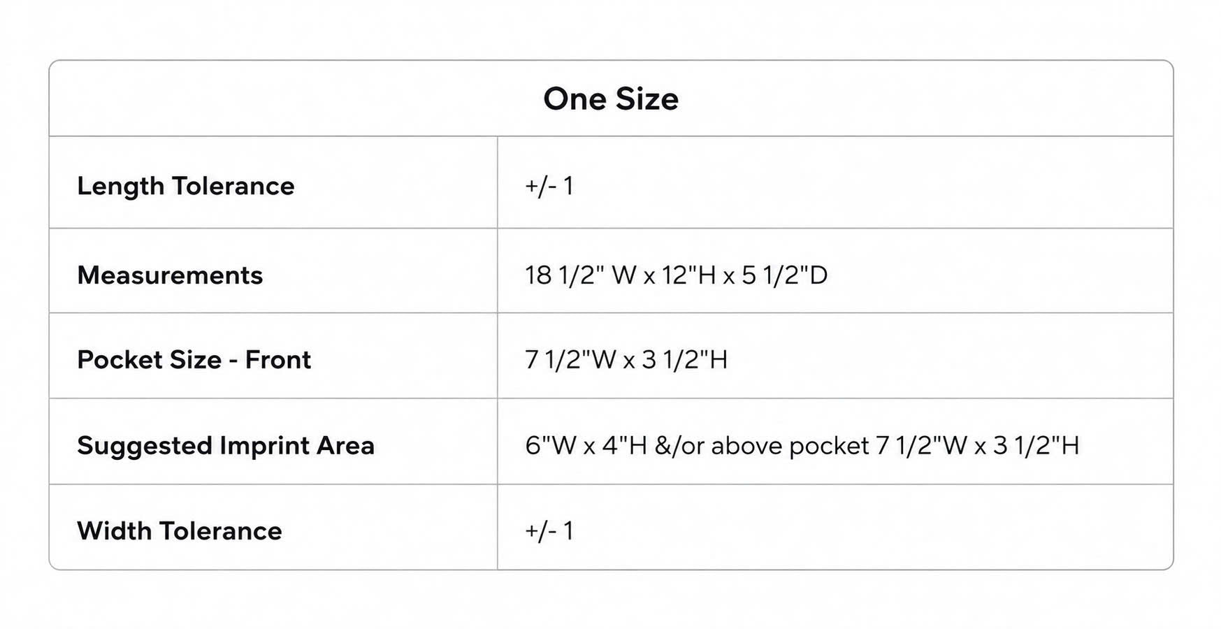 Product dimensions and tolerances table for 'One Size' category.