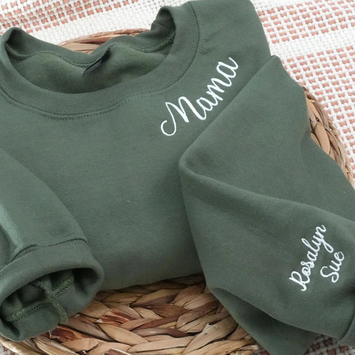 Mama sweatshirt with custom embroidered names, perfect for moms.