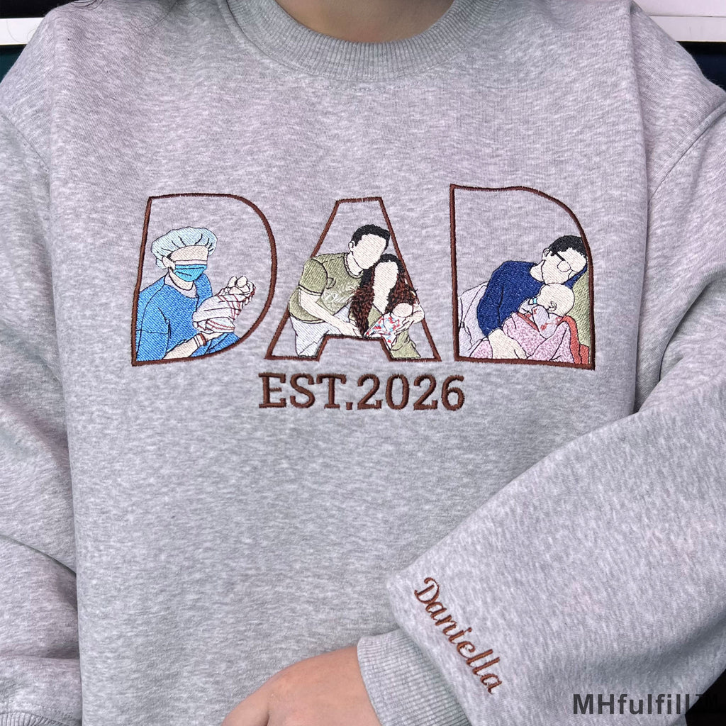 Meaningful first Father's Day keepsake clothing item featuring custom family photo outlines and children's names on the sleeve.