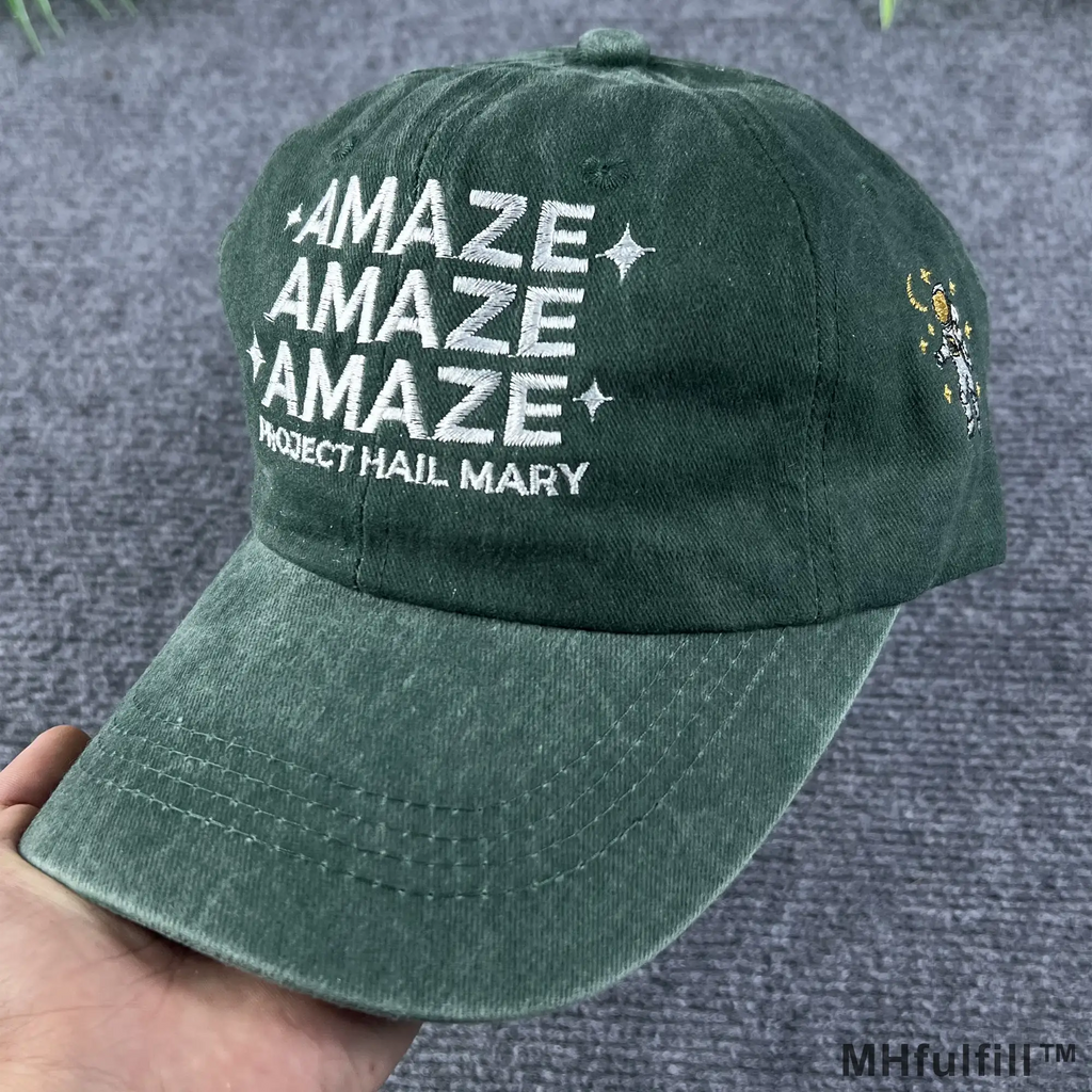 Flat lay product shot of the MHfulfill 2026 limited collection sci-fi inspired custom embroidered hat on a clean neutral background.