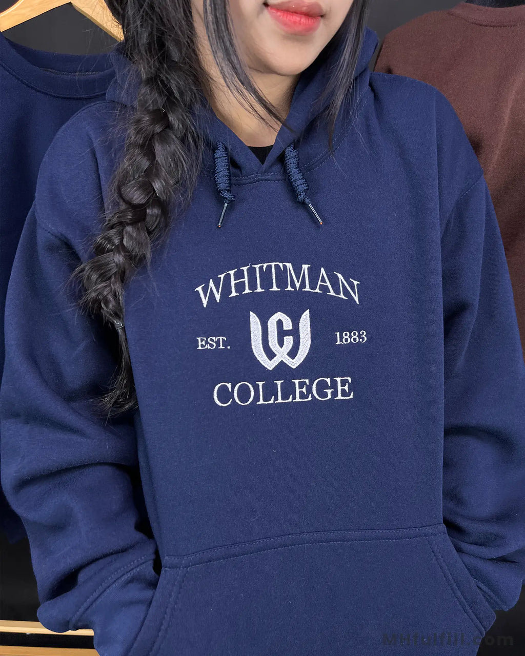 Vintage sand hoodie with custom school name and embroidered circular crest