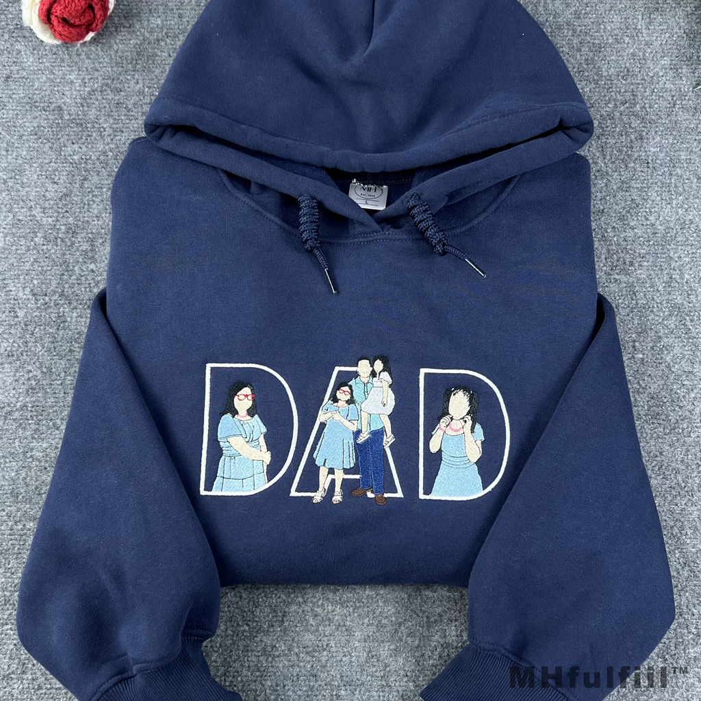 Sentimental personalized dad hoodie from daughter and wife with detailed custom cartoon outline stitch.