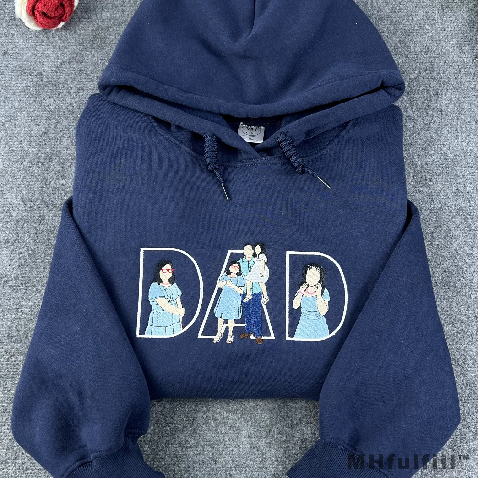 Sentimental personalized dad hoodie from daughter and wife with detailed custom cartoon outline stitch.