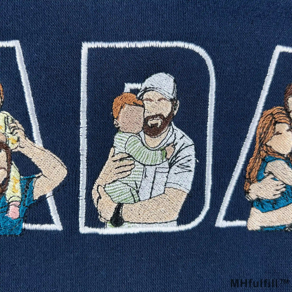 Personalized dad sweatshirt with embroidered kids pictures inside DADA text block layout.