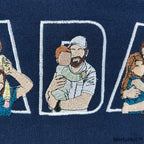 Personalized dad sweatshirt with embroidered kids pictures inside DADA text block layout.