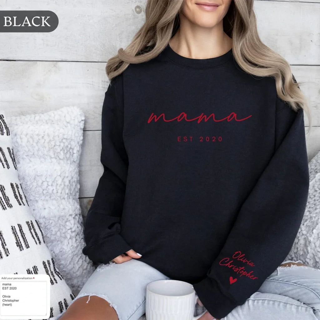 Personalized Mama Sweatshirt with Kid Names embroidered on sleeve – perfect gift for moms.
