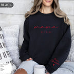 Personalized Mama Sweatshirt with Kid Names embroidered on sleeve – perfect gift for moms.