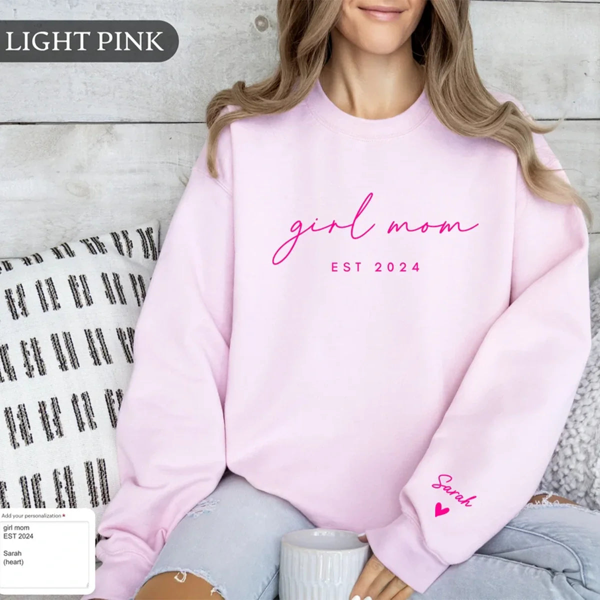 Personalized Mama Sweatshirt with Kid Names embroidered on sleeve – perfect gift for moms.