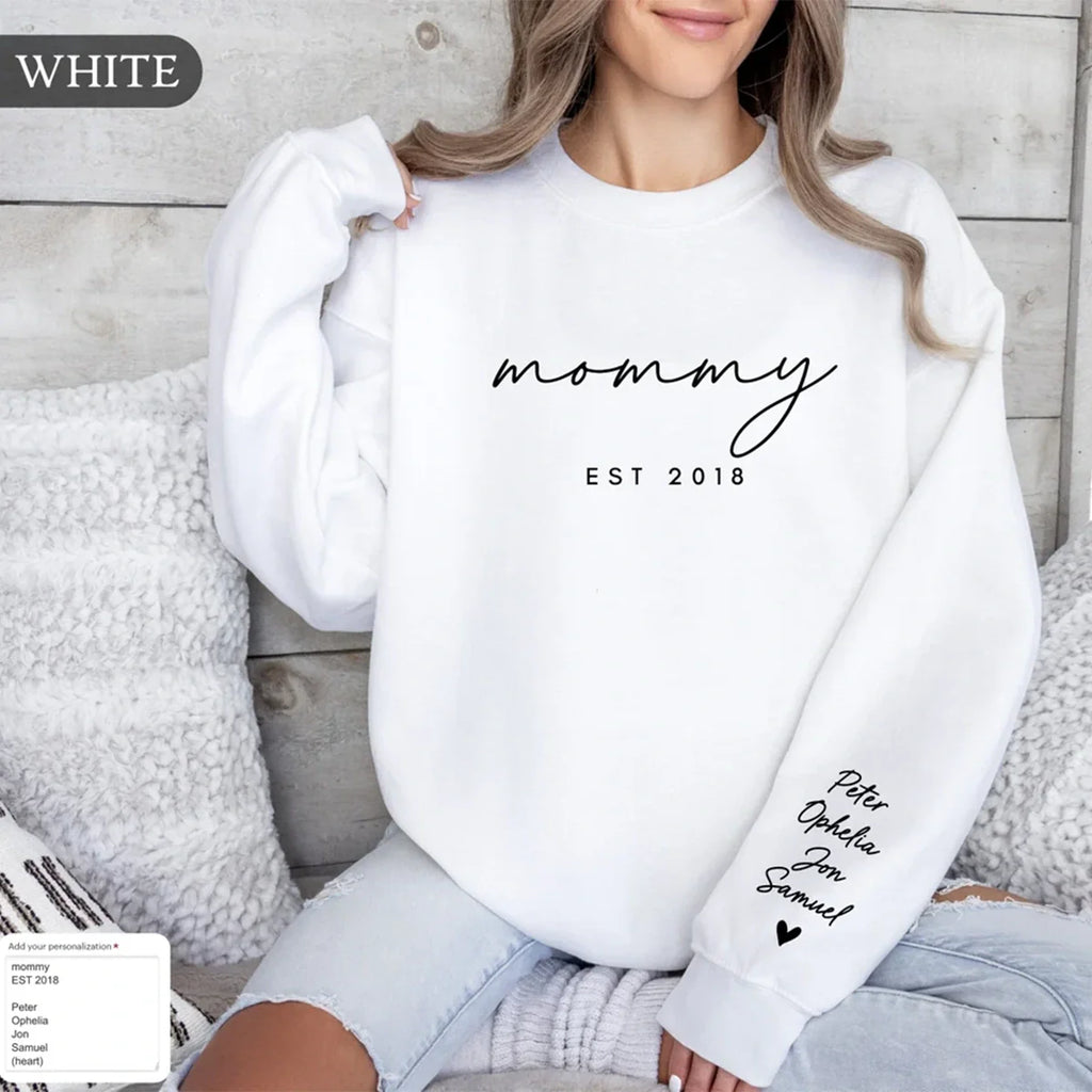 Personalized Mama Sweatshirt with Kid Names embroidered on sleeve – perfect gift for moms.
