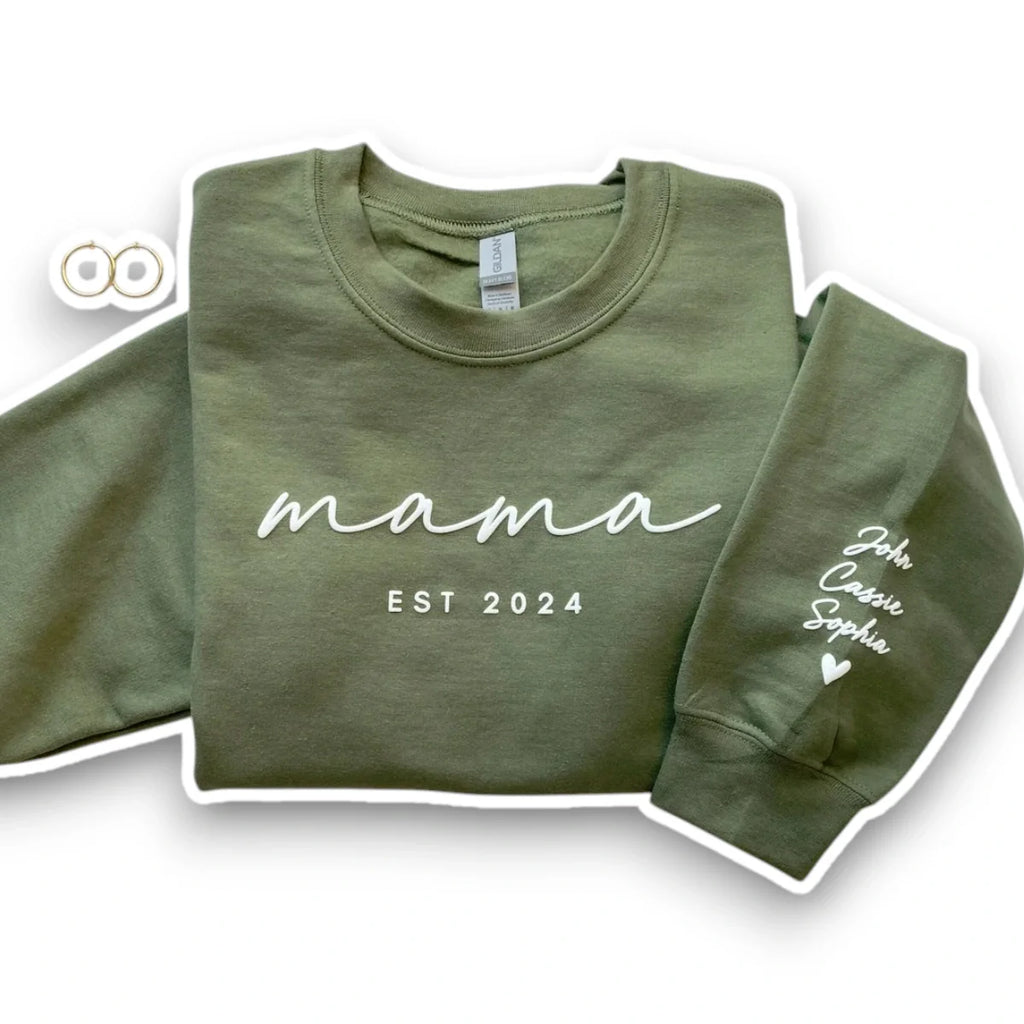 Personalized Mama Sweatshirt with Kid Names embroidered on sleeve – perfect gift for moms.