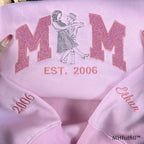 Close-up of personalized family photo transformed into line art embroidery on a crewneck sweater.