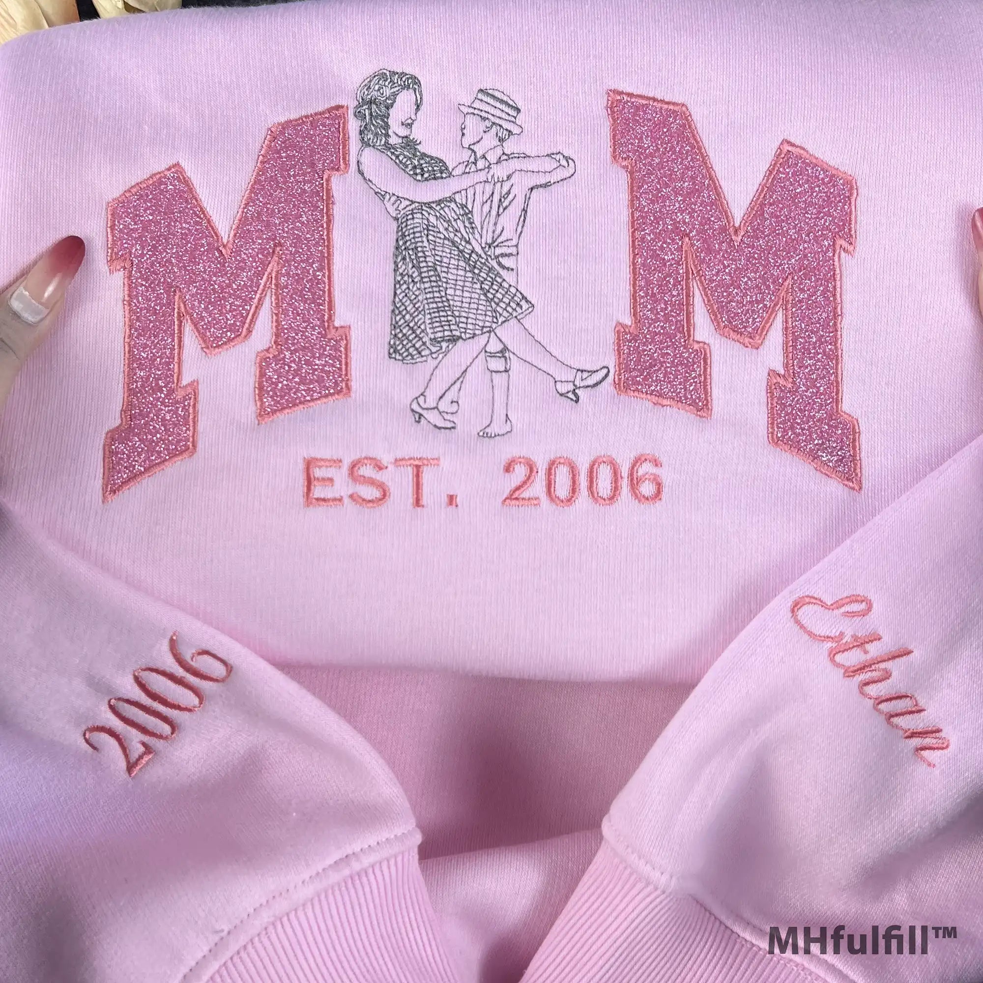 Close-up of personalized family photo transformed into line art embroidery on a crewneck sweater.