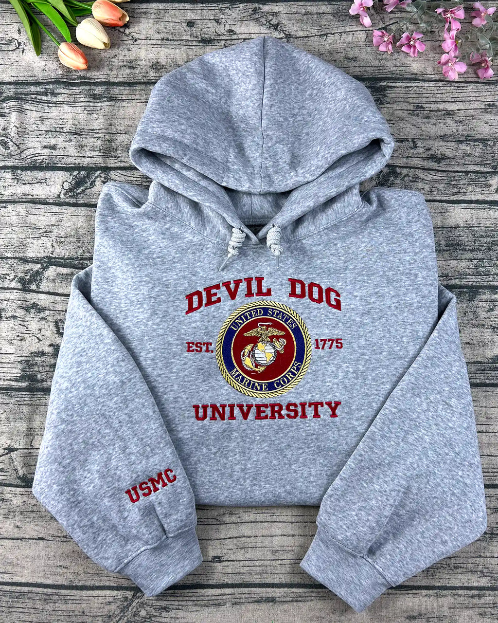 Personalized school crest embroidered on vintage sand pullover hoodie