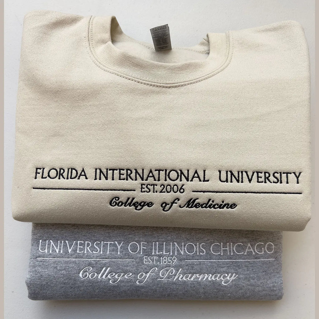 Custom embroidered university sweatshirt with school name