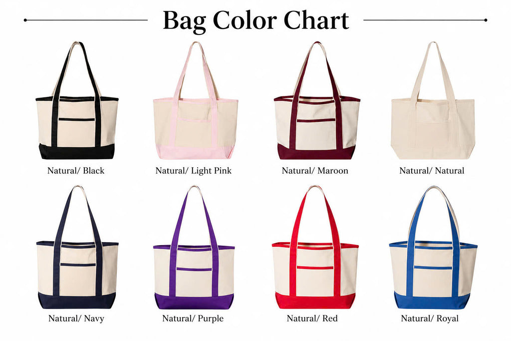 Color chart of tote bags with different color combinations on a white background