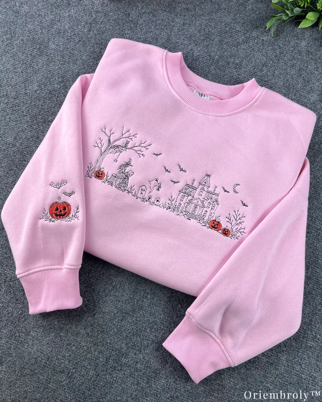 Vintage Halloween embroidered crewneck featuring spooky village scene
