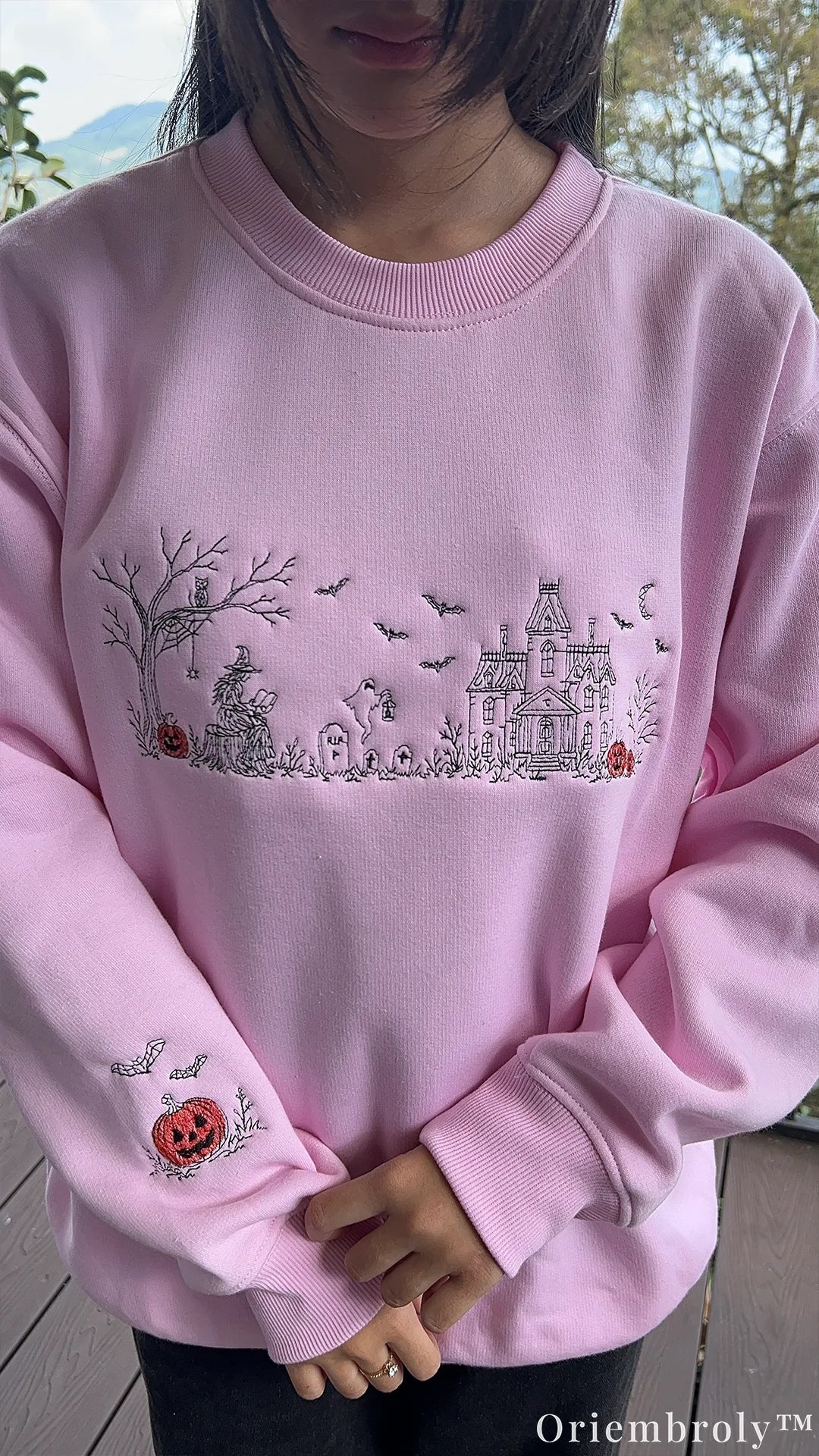 Witch-themed embroidered sweatshirt for autumn outfits